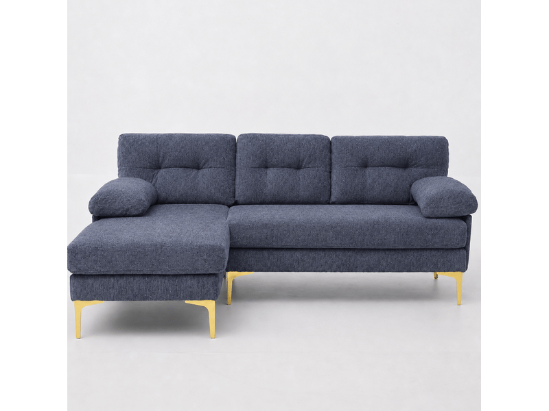  Canapé d'angle fixe 3 places en tissu bleu, méridienne réversible gauchedroite et accoudoirs rembourrés  - Conforama A