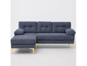 Canapé d'angle fixe 3 places en tissu bleu, méridienne réversible gauchedroite et accoudoirs rembourrés