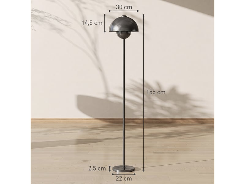  Lampadaire, abat-jour rond, interrupteur au pied, câble long, style élégant, métal, gris  - Conforama E