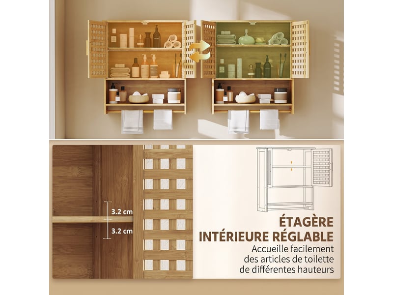  Armoire murale de salle de bain en bambou avec 2 portes ajourées, compartiment ouvert et étagère réglable, bois naturel  - Conforama R