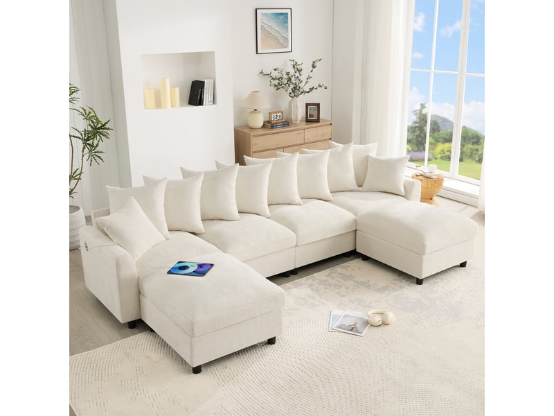  Canapé d'angle, canapé modulable, 6 places, en chenille, beige, repose-pieds, pour salon et séjour, usb  - Conforama R