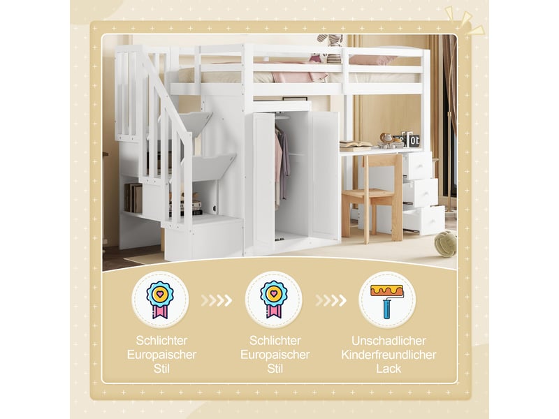  Lit mezzanine 90x200 cm blanc en pin, bureau, armoire, 3 tiroirs et escalier avec rangements, sommier sans matelas  - Conforama D