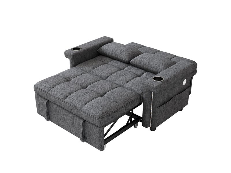  Canapé-lit 2 places lora gris en chenille avec led, usbtype-c, dossier réglable, coussins et porte-gobelet  - Conforama E