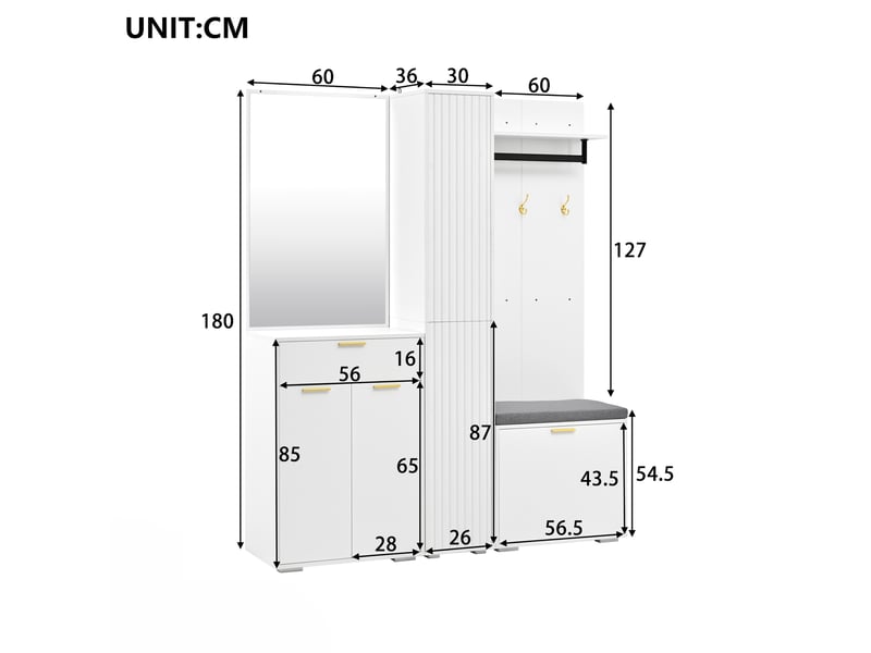 Vestiaire d'entrée blanc 150 cm avec miroir, penderie, banc, tiroir et meuble à chaussures 3 portes pratique - Conforama C