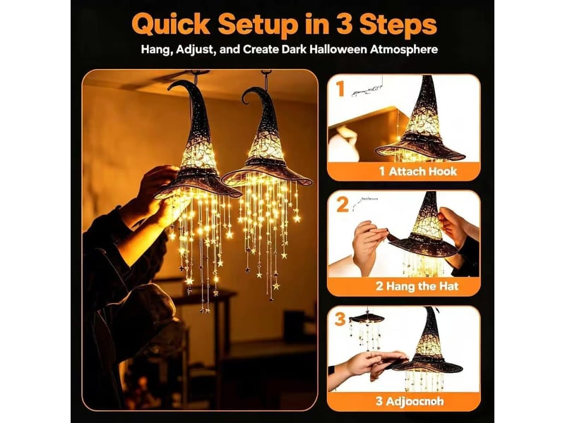 Lot de 2 décoration halloween lumineuse, chapeau de sorcière avec étoiles led, suspension décorative pour porche, entrée et jardin  - Conforama D