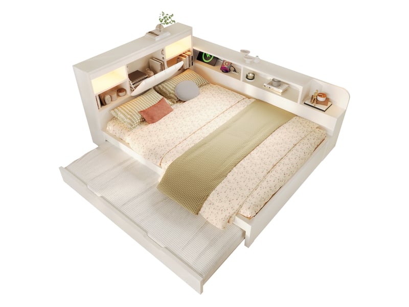  Lit gigogne 140x190 cm avec led, rangements et usb blanc  - Conforama A