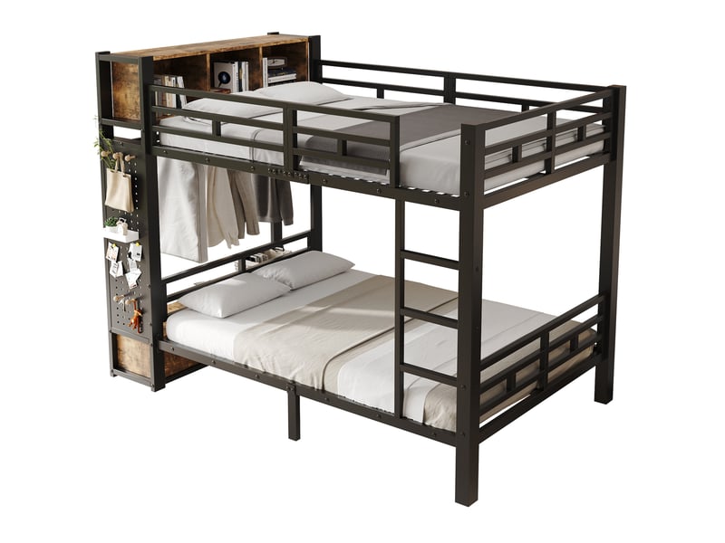  Lit superposé 120x200 cm avec rangements en métal couleur noir et noyer foncé, sans matelas, design industriel  - Conforama A