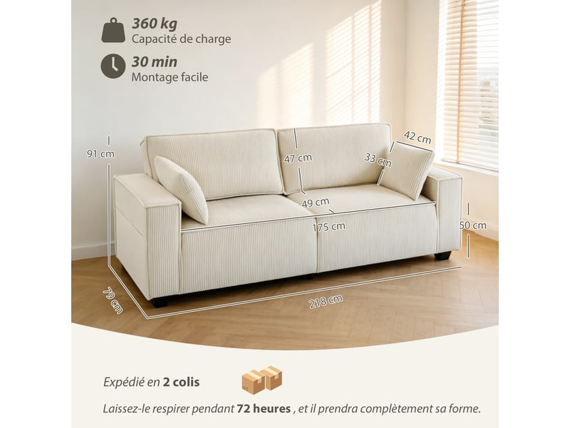  Canapé 3 places en velours côtelé 218 cm, canapé salon,  coussins à ressorts, larges accoudoirs, beige, 2 coussins  - Conforama C