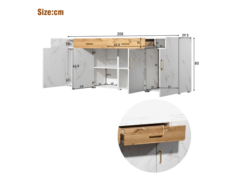  Buffet de cuisine blanc 208x39,5x80 cm, meuble rangement avec 4 portes et 2 tiroirs, structure panneaux de particules  - Conforama C