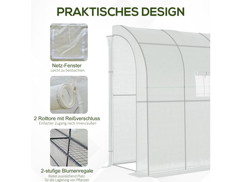 Serre adossée 200x100x215 cm avec portes enroulables et fenêtres en maille métal blanc - Conforama E