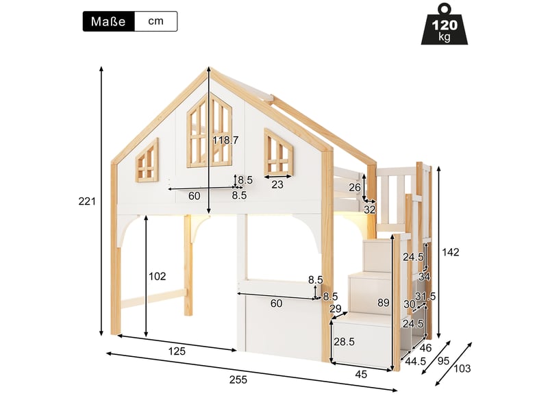 Lit superposé enfant 90x200 cm avec led, escalier de rangement, blanc et bois - Conforama C