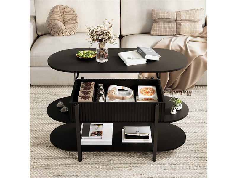  Table basse relevable 106x45x50 cm - plateau relevable avec coffre et 2 étagères de rangement - ovale - noir  - Conforama D