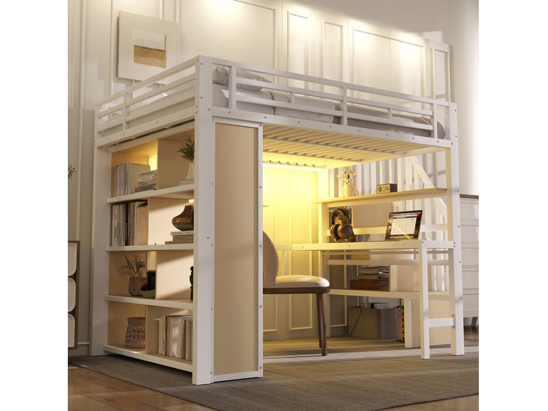 Lit mezzanine 140 x 200 cm avec bureau, rangements et éclairage led blanc - Conforama D