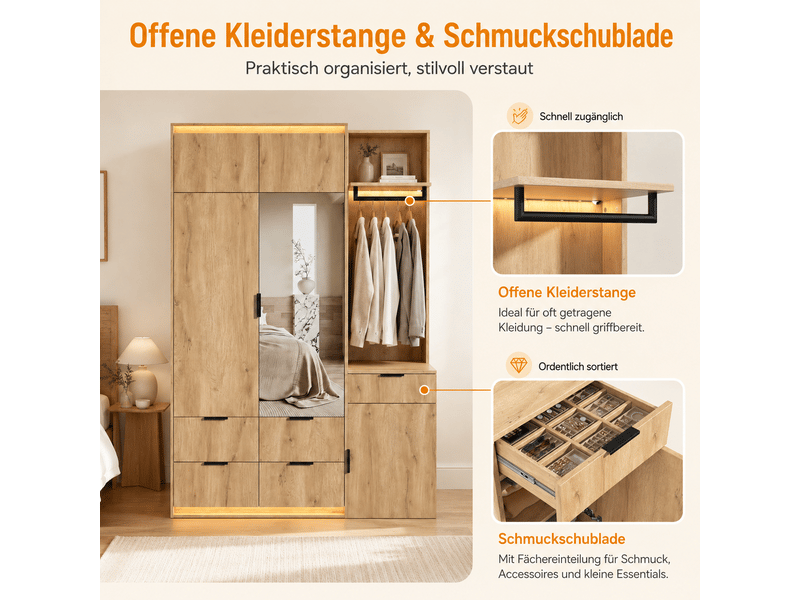  Vestiaire d'entrée avec penderie 135 x 47 x 200 cm - 5 tiroirs - éclairage led - 2 barres de penderie - mdf - anthracite et chêne  - Conforama E