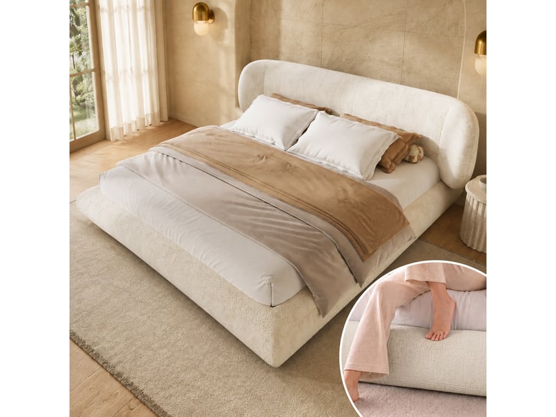  Lit 2 places 140x190 cm, tête de lit rembourrée, sommier à lattes, coins arrondis, cadre rembourré, chenille pour chambre - beige  - Conforama B
