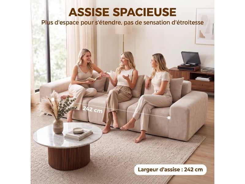  Canapé 3 places en chenille 320 cm, canapé modulaire, assise et accoudoirs extra-larges, entièrement compressé, beige  - Conforama D