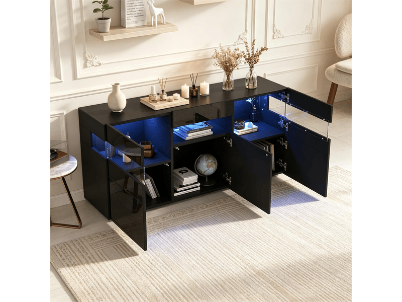Buffet noir brillant 140 cm meuble salon avec led 3 portes acrylique - Conforama W