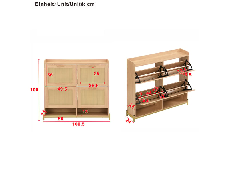  Meuble à chaussures ulevr 4 portes abattantes, rangement étroit 108,5 x 24 x 100 cm, mdf chêne clair, étagère supérieure  - Conforama C
