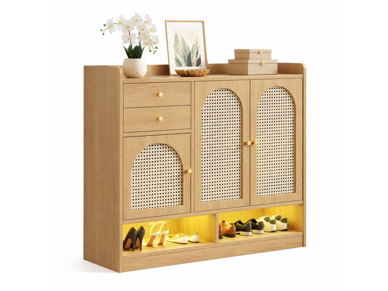 Meuble à chaussures avec 3 portes, 2 tiroirs, étagères réglables et led pour entrée, mdf naturel, 120 × 35 × 100 cm  - Conforama A
