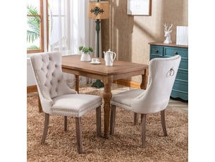 Lot de 2 chaises de salle à manger en velours beige, dossier haut capitonné, clous décoratifs, pieds en bois massif, style français élégant