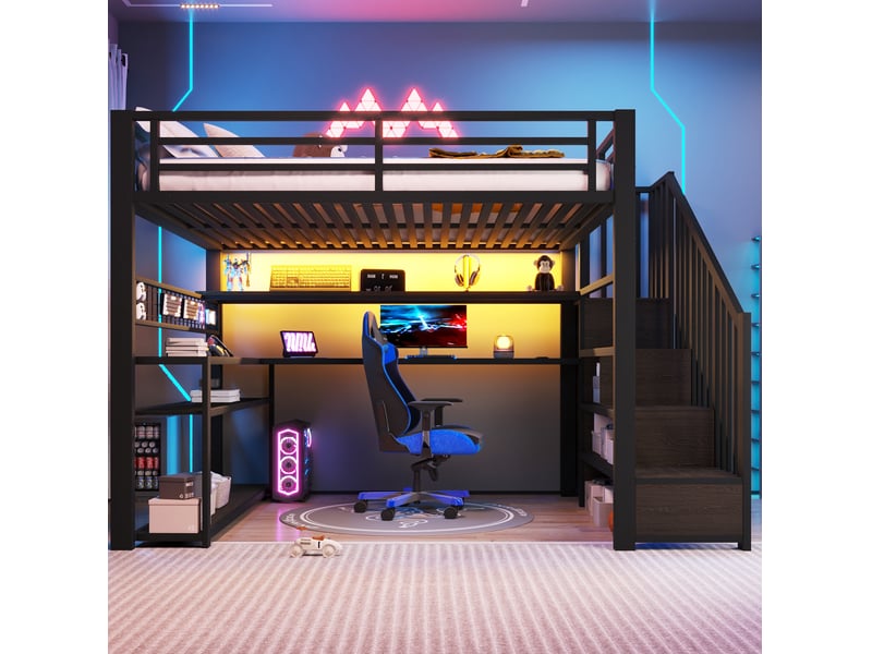  Lit mezzanine 140x200 cm, éclairage led rgb, bureau armoire rangements, métal mdf noir sans matelas  - Conforama B