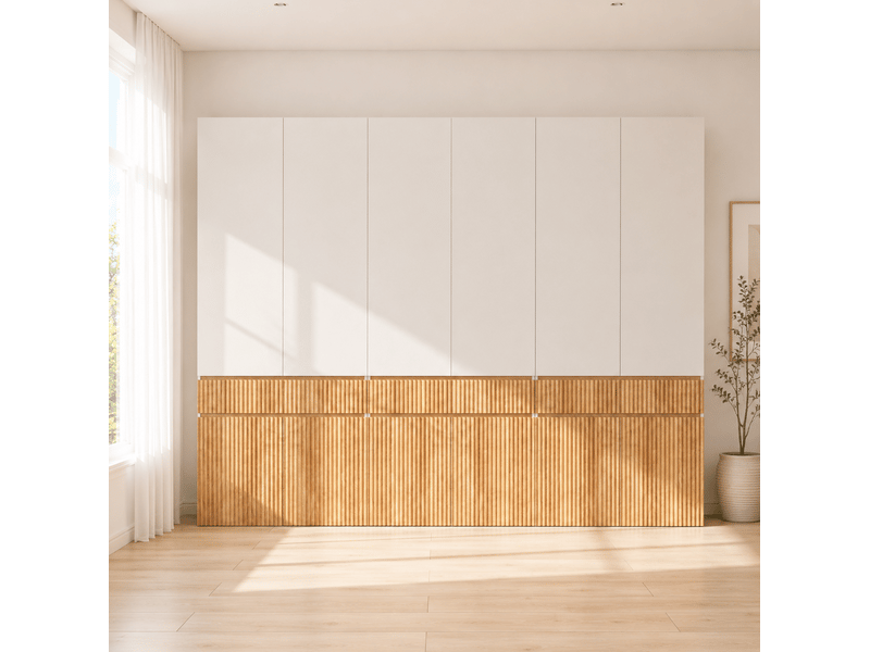  Armoire à 12 portes battantes, 3 penderies et 3 tiroirs, chêne clair et gris, 270 x 50 x 200 cm  - Conforama D