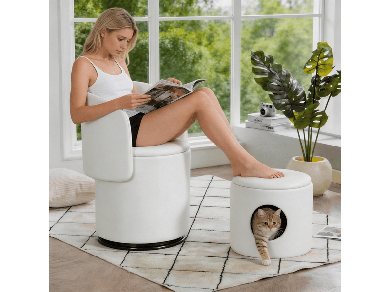  Fauteuil pouf pivotant 360° avec coffre de rangement et tabouret, en velours blanc, 53 × 50 × 47 cm  - Conforama B