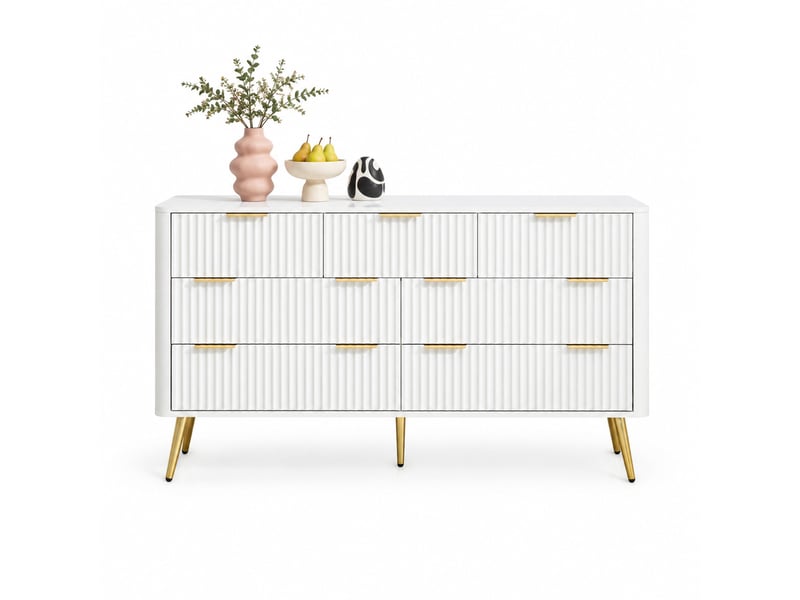 Commode 7 tiroirs avec fermeture douce - lpospi - poignées en métal, pieds surélevés, mdf blanc - Conforama A