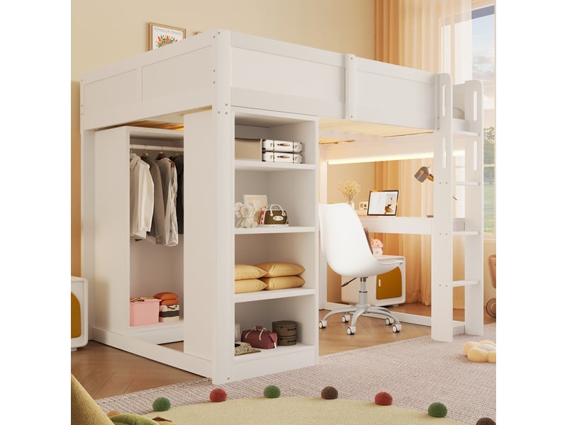 Lit mezzanine 140x200 cm, bureau en l intégré, étagère 4 niveaux, armoire et compartiments en hauteur, blanc - Conforama D