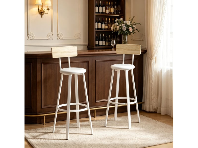  Lot de 2 tabourets de bar avec dossier et repose-pieds, assise à 75,5 cm, blanc et bois naturel  - Conforama B
