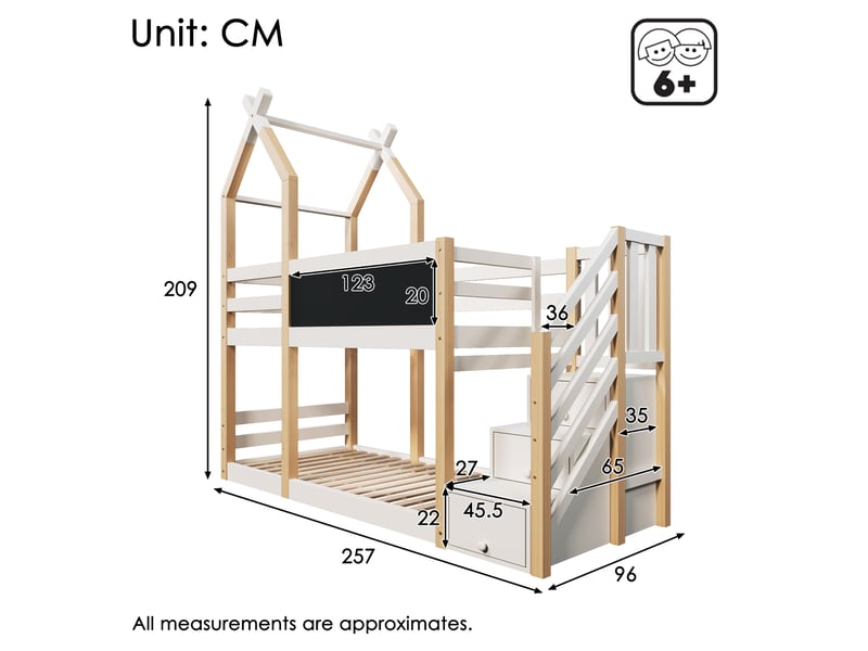 Lit superposé enfant 90x200 cm – blanc et bois naturel – escalier avec rangements et tableau, sans matelas  - Conforama C