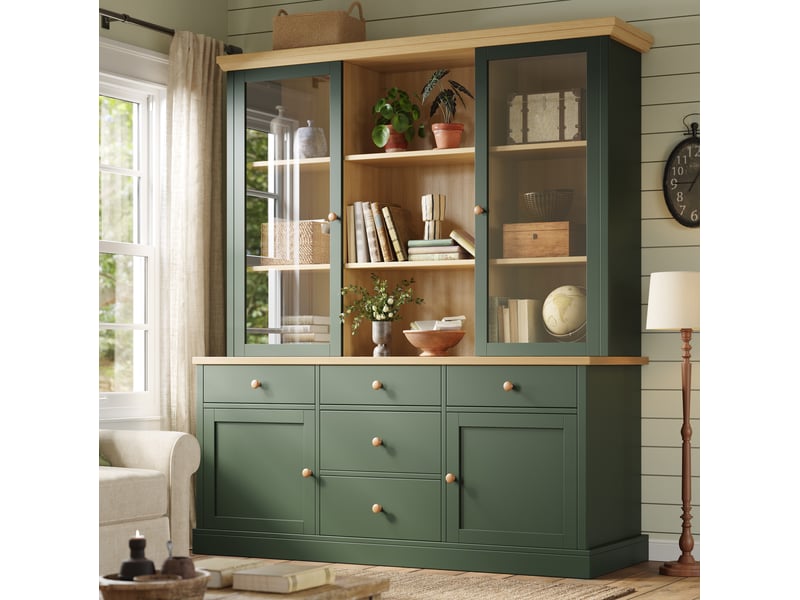 Buffet haut avec portes vitrées et 5 tiroirs, 140x40x185 cm, vert - Conforama B