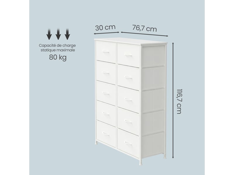  Commode, 10 tiroirs en tissu non-tissé, pour chambre, blanc  - Conforama D