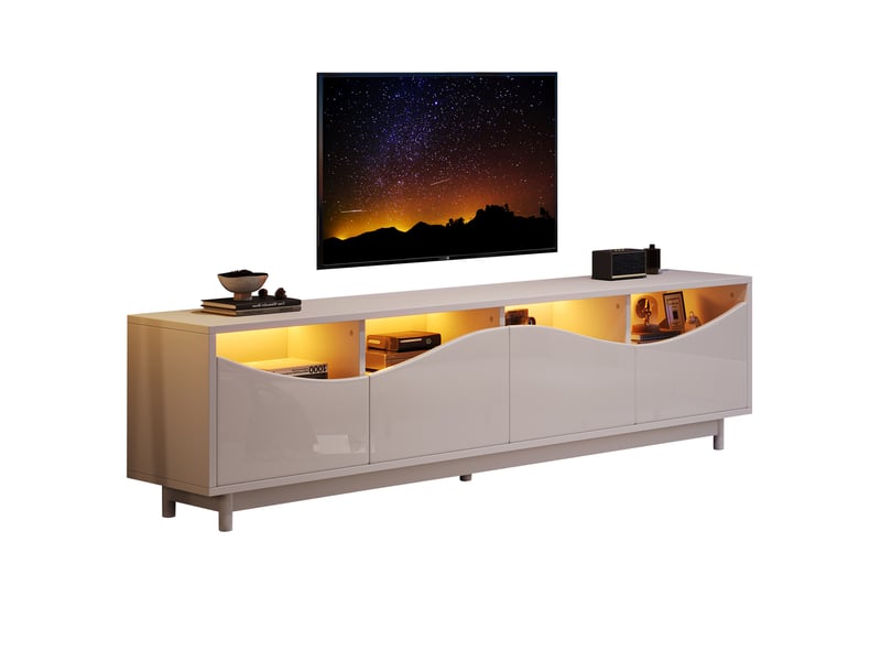  Meuble tv blanc laqué 175 cm avec led bluetooth, design incurvé et portes en verre trempé, pour écran jusqu'à 70 pouces  - Conforama W
