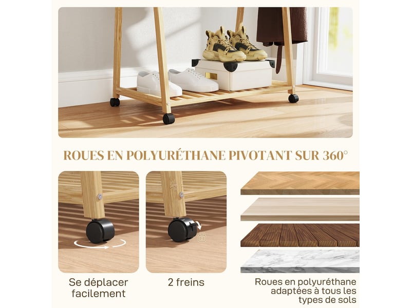  Portant à vêtements en bambou sur roulettes avec 2 étagères 84,5 x 43,5 x 158 cm  - Conforama E