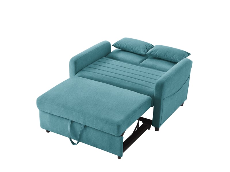 Canapé convertible 2 places 114.00×77.00×82.50 cm en tissu coton-lin avec dossier réglable bleu-vert antique chicfurn - Conforama A