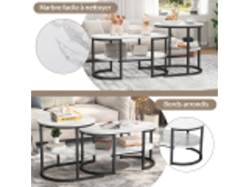  Lot de 2 tables basses 80x46x41 cm, table gigogne design marbre, avec espace de rangement, table d'appoint moderne en faux marbre pour salon, chambre à coucher, (noir, oval)  - Conforama E