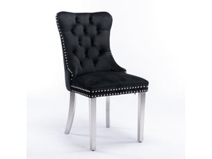 Lot de 2 chaises de salle à manger en velours noir, dossier haut capitonné, clous décoratifs, pieds finition chrome, structure en bois massif