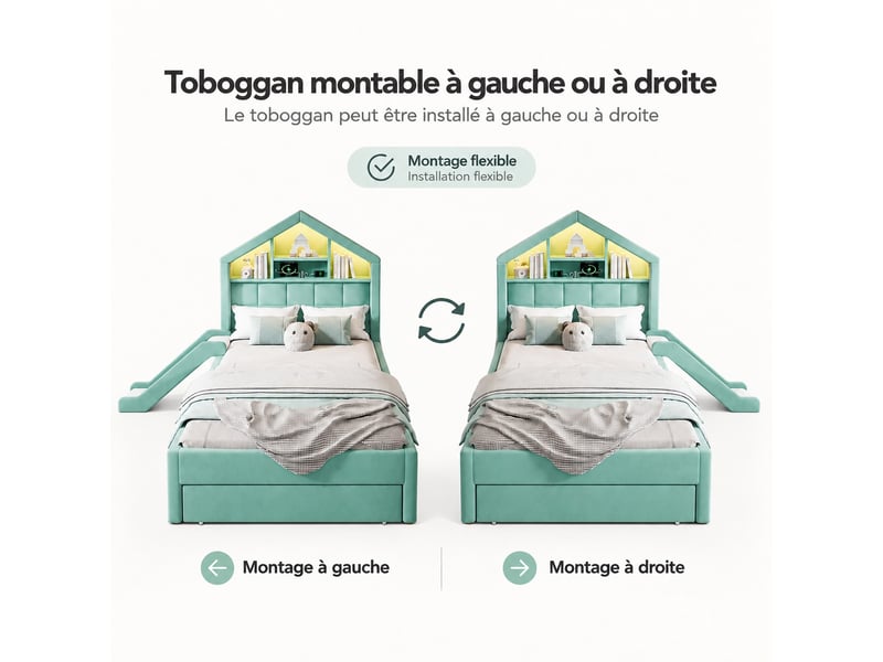  Lit enfant rembourré 90 x 200 cm avec toboggan, led, port de charge, rangement et coffre, bleu-vert  - Conforama E