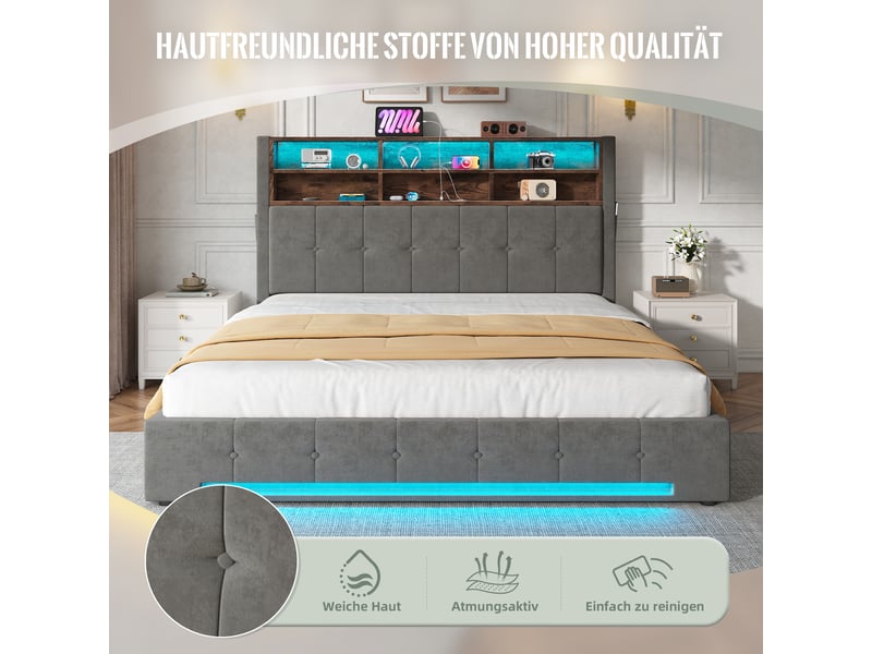  Lit coffre double 180×200 cm avec led réglable, usb-c et 6 niches - okmyhome- velours gris foncé, sans matelas  - Conforama E