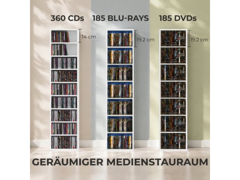 Meuble cddvd blanc 9 niveaux, 6 étagères réglables, capacité 260 cd, étroit et compact - Conforama D