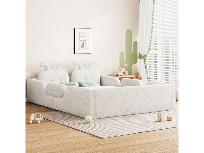 Lit enfant rembourré 140x200cm avec tête de lit oreilles de lapin, barrières de sécurité et cadre capitonné, mdf et contreplaqué - blanc - Conforama E