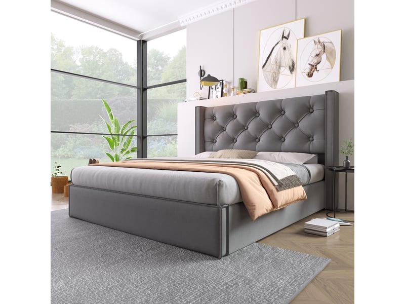  Lit double rembourré 160x200cm avec sommier métallique, coffre hydraulique, tête de lit, coton, gris  - Conforama E