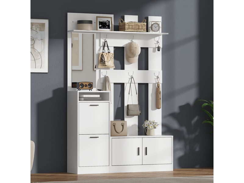 Vestiaire d'entrée complet, porte-manteau avec meuble à chaussures et miroir intégré, avec 6 patères et étagères de rangement, blanc - Conforama R