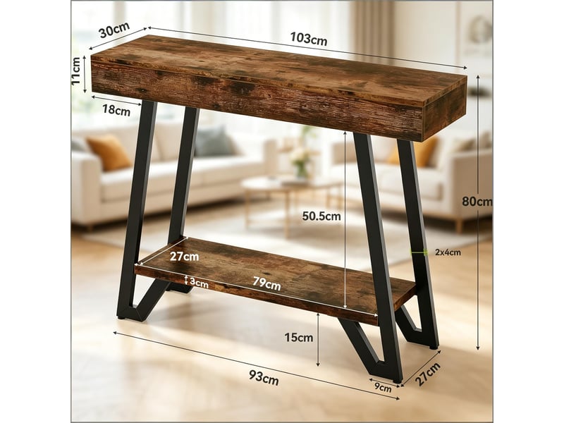  Console à 2 niveaux avec rangement pour entrée et salon en mdf et métal noir et marron rustique  - Conforama E