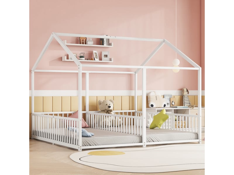 Lit enfant double 2 x 90 x 200 cm en métal blanc, forme maison avec barrières - Conforama E