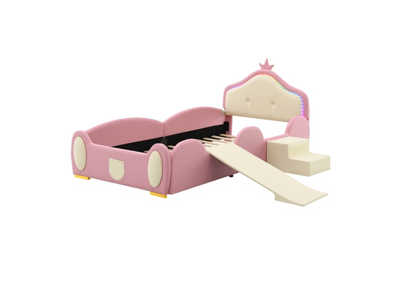  Lit enfant avec glissière et led, 90 x 200 cm, revêtement en pu rose  - Conforama D