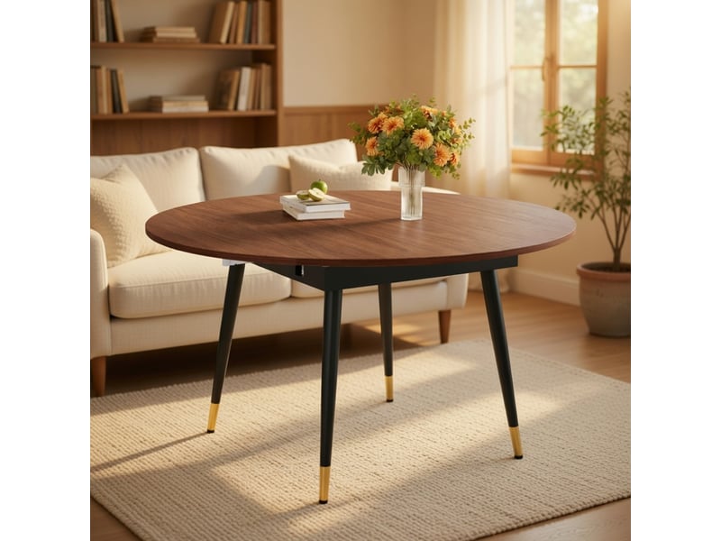  Table à manger extensible moderne se transformant de ronde à ovale en mdf noir ou noyer avec accents dorés sur pieds métalliques gain de place  - Conforama B