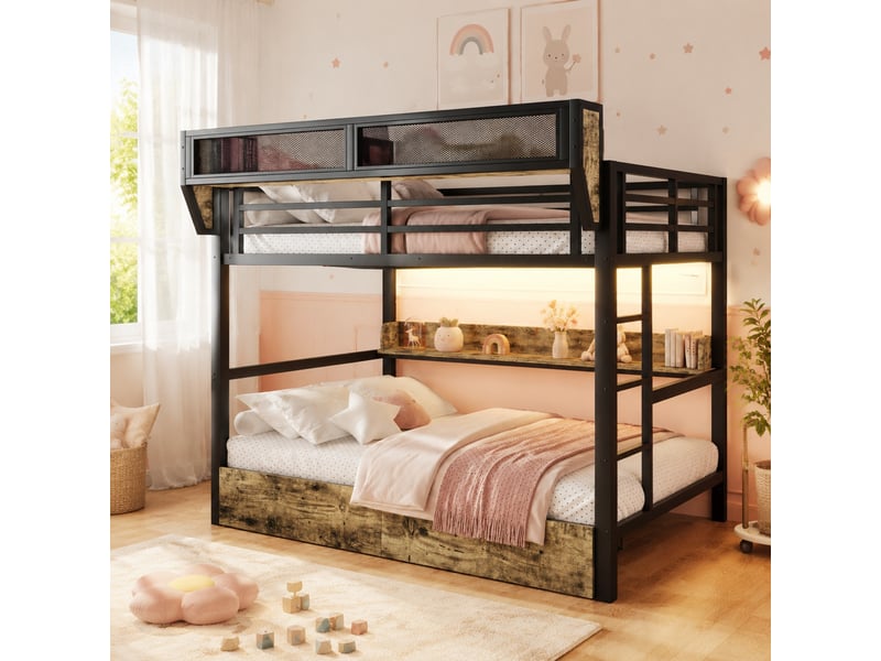  Lit superposé 140x200 cm noir en métal et mdf avec led et 2 tiroirs  - Conforama B