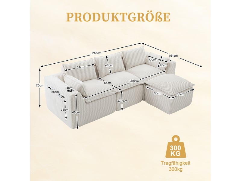 Canapé modulable compression d'angle en l,256x161x75cm,velours côtelé,canapé 3 places avec pouf,porte-gobelets,poches latérales,sans montage,beige - Conforama C